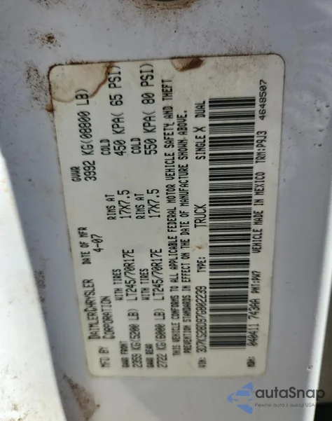 2007 Dodge Ram 2500 St from USA, damaged, VIN 3D7KS28D97G802239